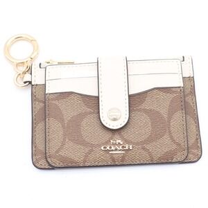 Coach Signature Attachment Card Case Khaki Chalk Canvas Leather Wallet